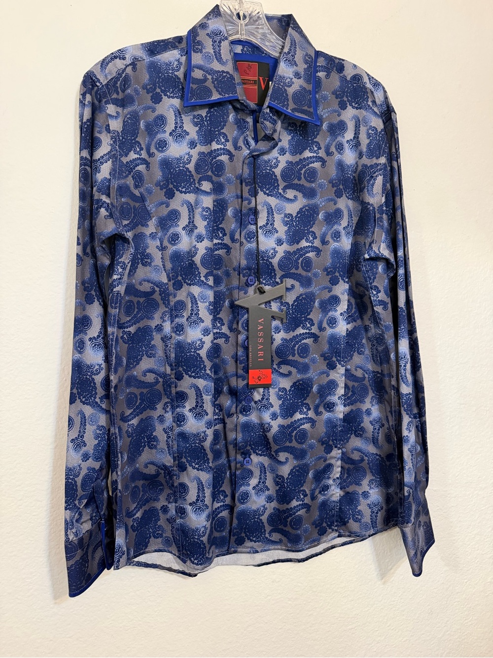 Vassari Shirt Men  Italian Modern Blue Paisley  Blue Paisley Long-Sleeve Sz: L